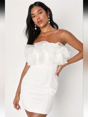 Lulus Starry-Eyed Love White Ruffled Strapless Bodycon Mini Dress Size Large